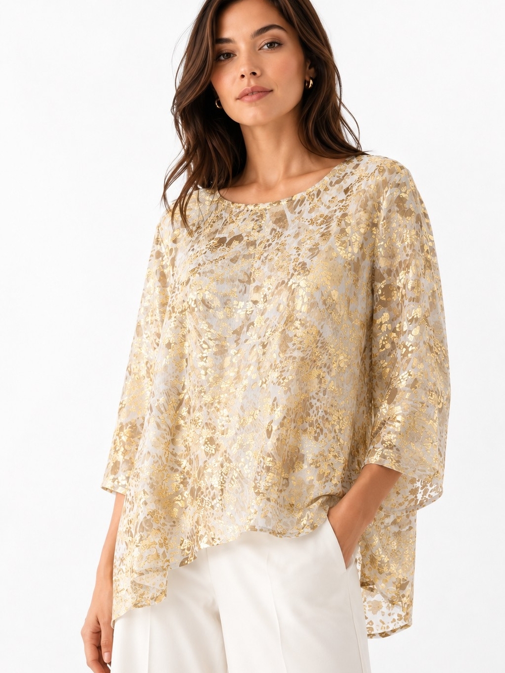 NWT Chico’s Travelers Gold Foil Animal Print Tunic Top Size 3 Extra large